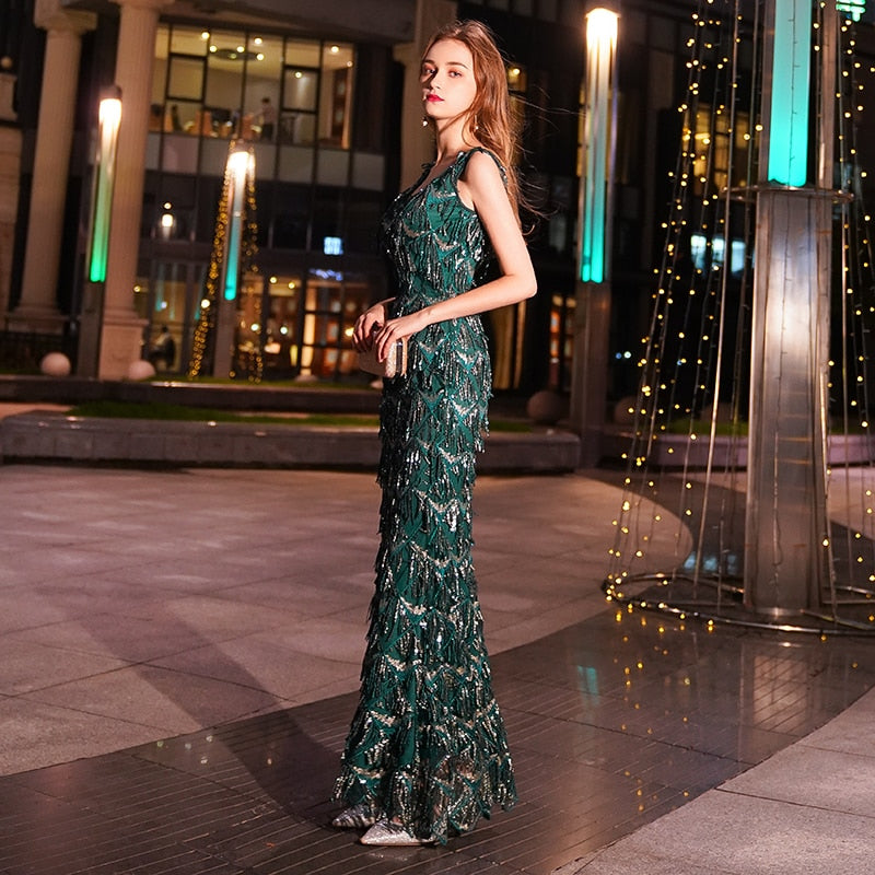 Evening wear Dresses: Green Tasse Evening Dresses Long Mermaid V-Neck