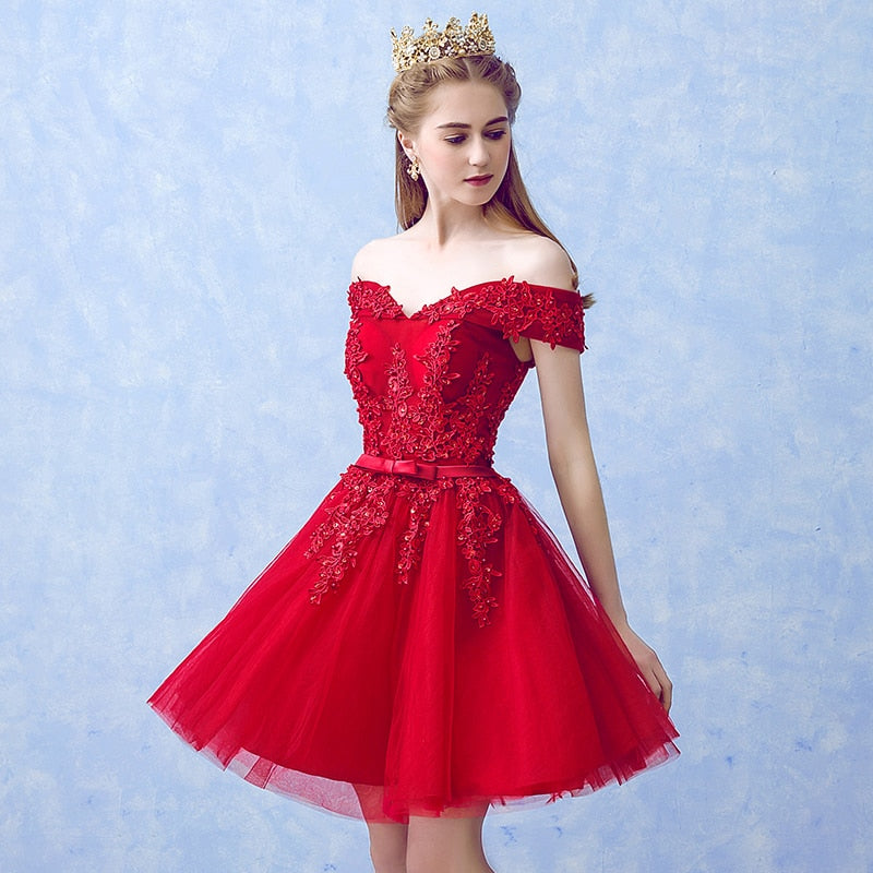 Homecoming Dresses: Red Lace Elegant Knee Length Prom Dresses Women