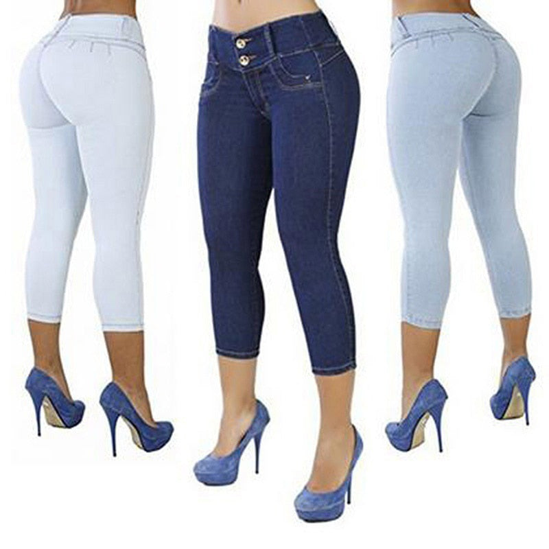 Women Casual Cropped Pants Solid Color Button Fly Waist Slim