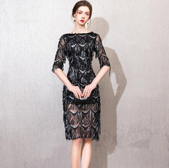 Black O-neck Half Sleeves Evening Dress Straight Sequin Elegant Women