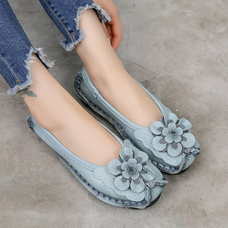 Soft Genuine Leather Flat Shoes Women Flats with Flowers Ladies Shoes