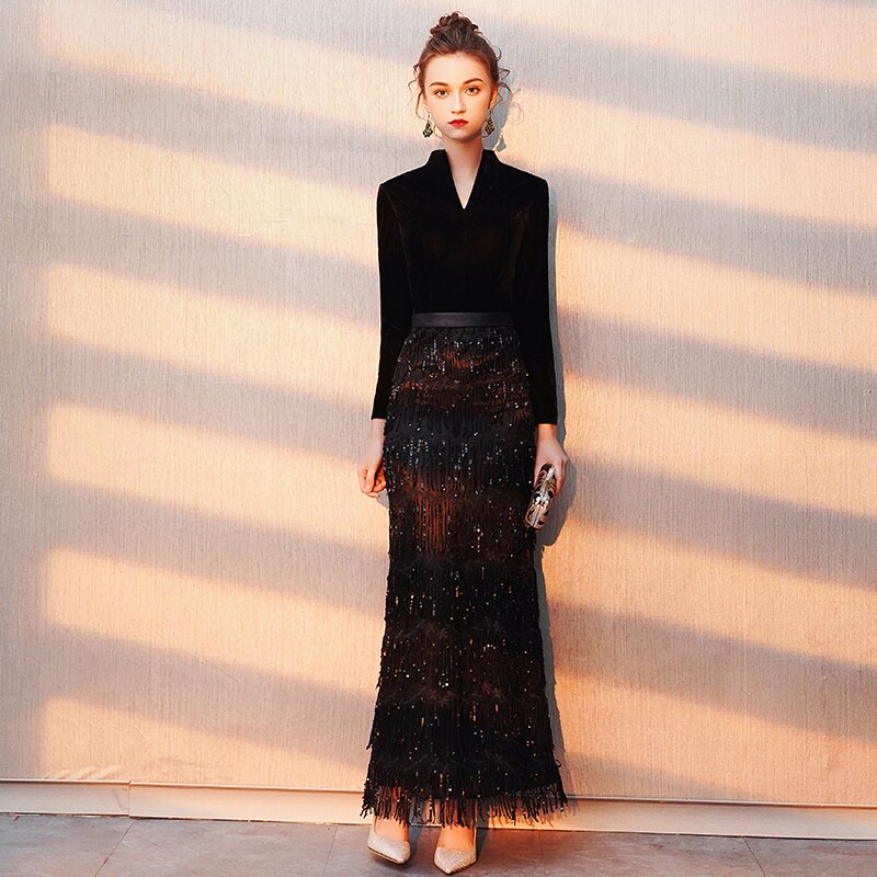 Evening wear Dresses: Evening Dress Banquet Black Velour with Stripe