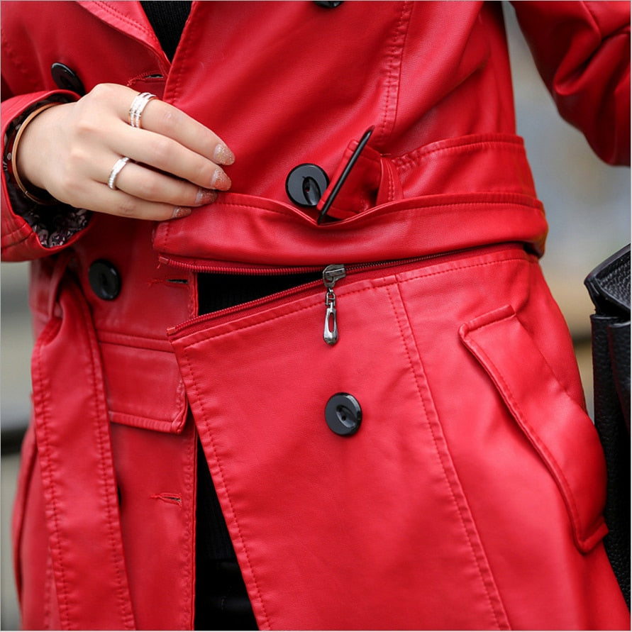 Spring Autumn Women Long Leather Jacket Slim Oversize Bow Belt Coats