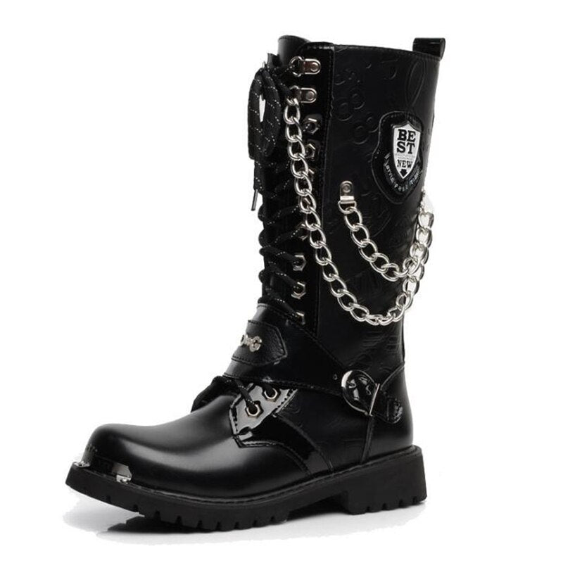 Men's Leather Motorcycle Boots Mid-calf Military Combat Boots Gothic