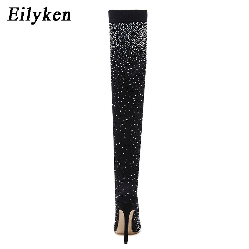 Design Fashion Pointed Toe Bling Over Knee Boots Crystal Long Sock
