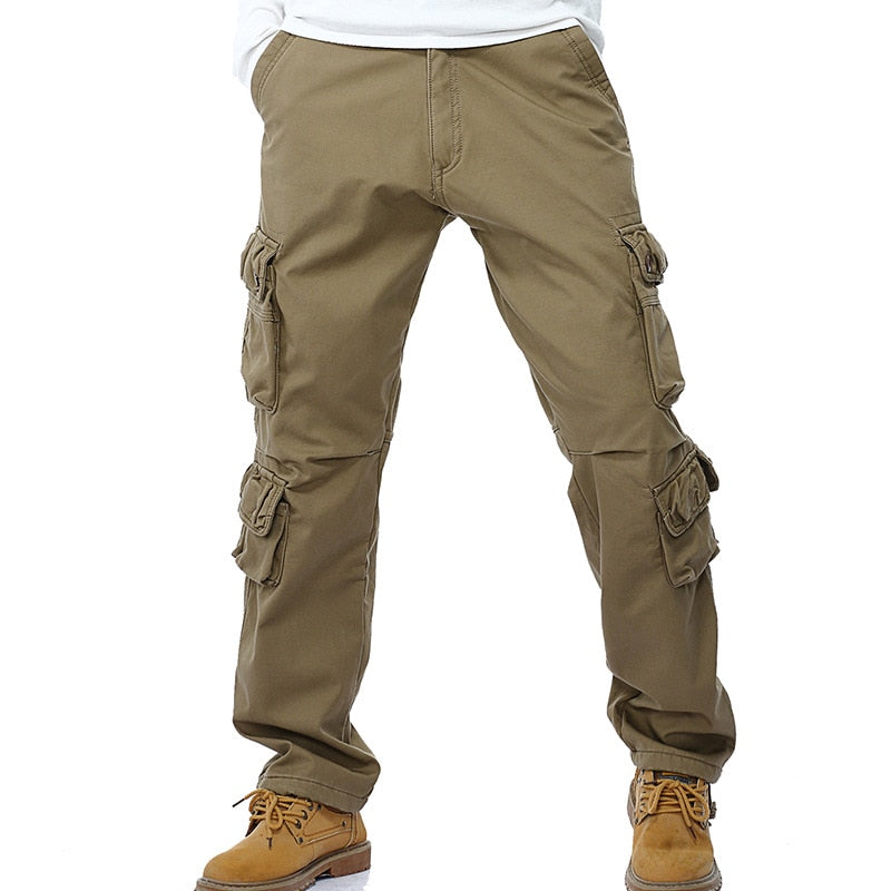 Winter Fleece Men Cargo Pants Loose Fit Multi-pocket Male