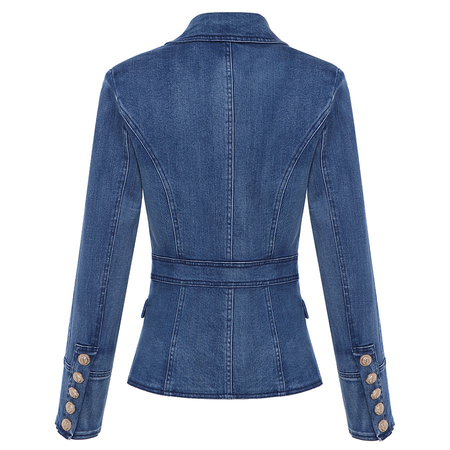 Designer Blazer Women Metal Lion Buttons Double Breasted Denim Blazer Jacket Outer Coat