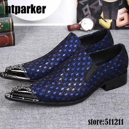Western Fashion Pointed Metal Toe Dress Shoes Blue Grey Party Wedding