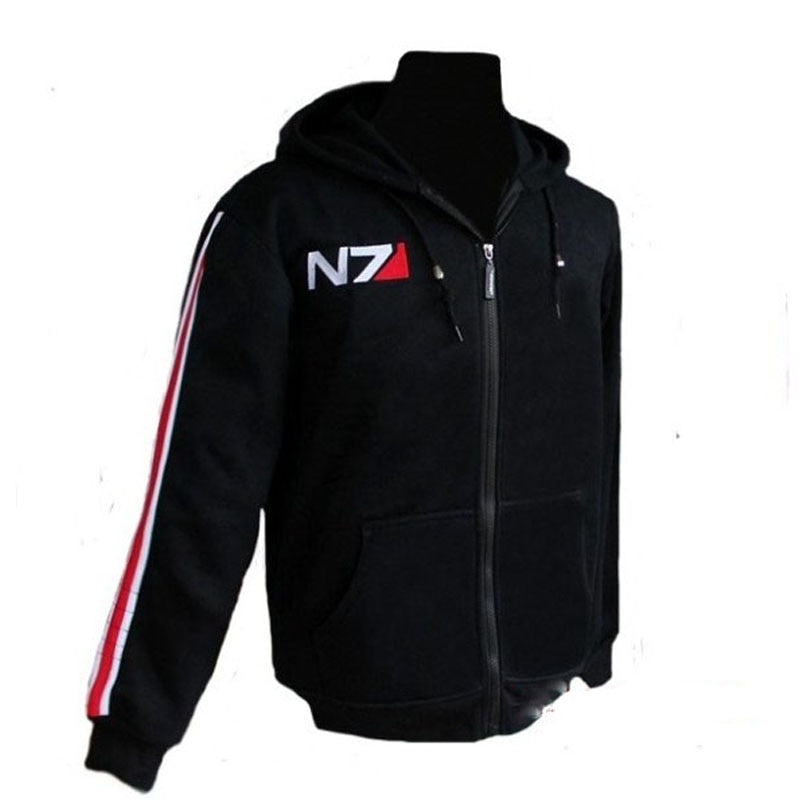Cosplay N7 Mass Effect Zip Up Hoodie Men Black Anime Hooded Sweatshirt
