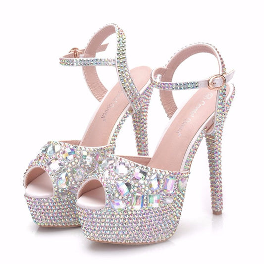 Diamond Women Super High Heels Wedding Pumps 14cm Peep Shoes  Platform 4CM  Wristband