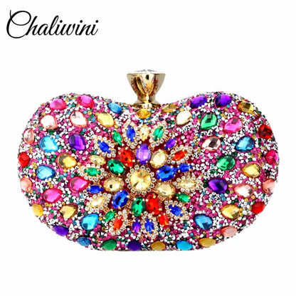Evening Diamond Two Side Floral Woman Clutch Bag Multi Crystal Sling