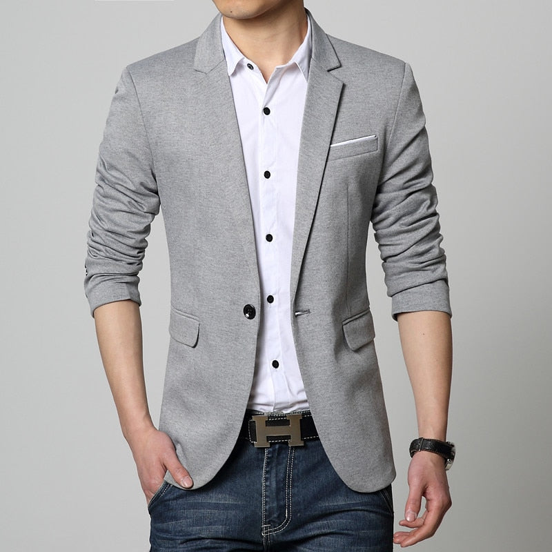 Slim Fit Casual jacket Cotton Men Blazer Jacket Single Button Gray Mens Suit