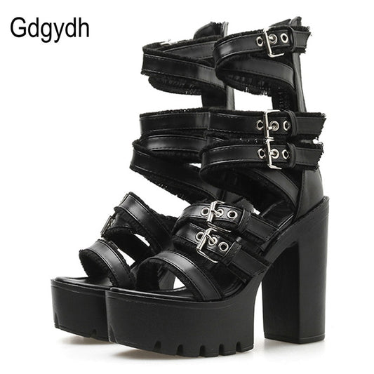 Women Gothic Shoes High Block Heel Hollow Out Sandals Gladiator