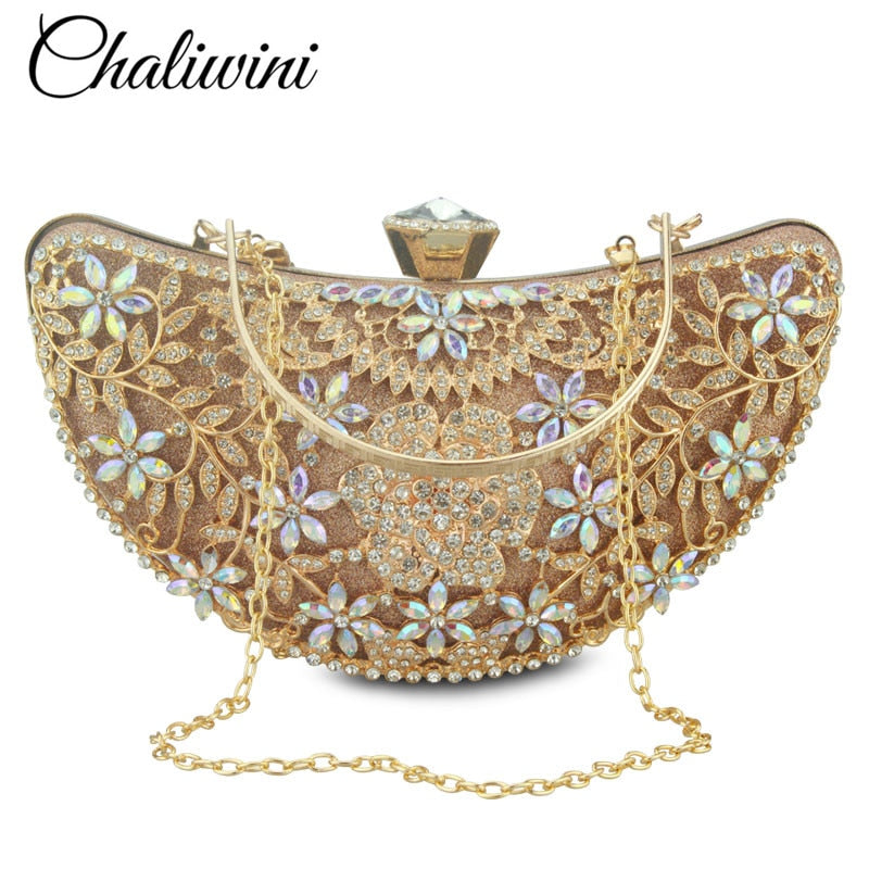 Chaliwini Classic Women Clutch Evening Bag Hollow Out Metal Wedding Sequined