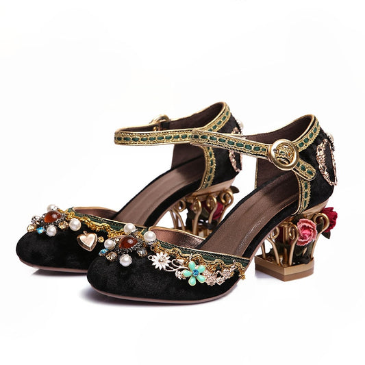 Phoentin velvet ankle strap Chinese wedding shoes women crystal buckle pearl