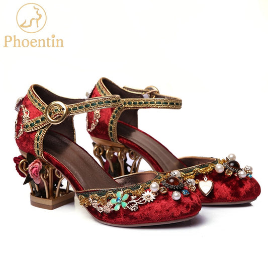 Phoentin velvet ankle strap Chinese wedding shoes women crystal buckle pearl