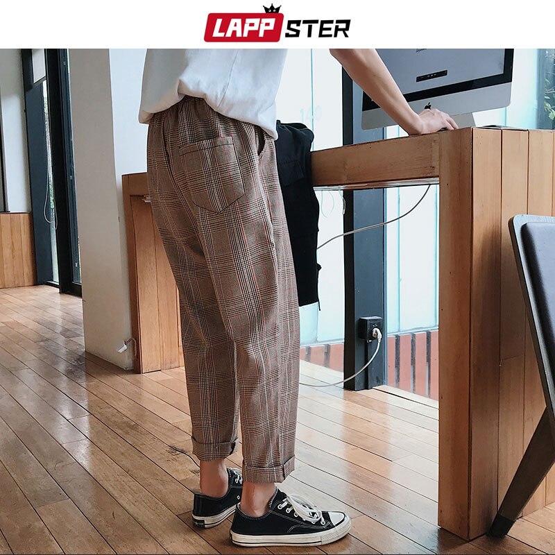 Streetwear Yellow Plaid Pants Men Joggers Man Casual Straight Harem Pants Men