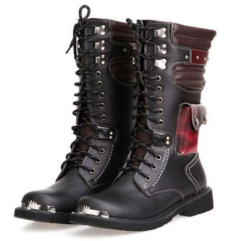 Men's Leather Motorcycle Boots Mid-calf Military Combat Boots Gothic