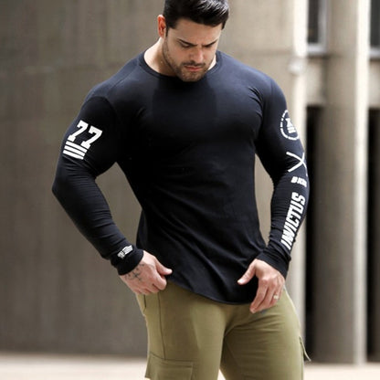 Men Skinny Long Sleeve Shirt Spring Casual Fashion Print T-Shirt Male Gym