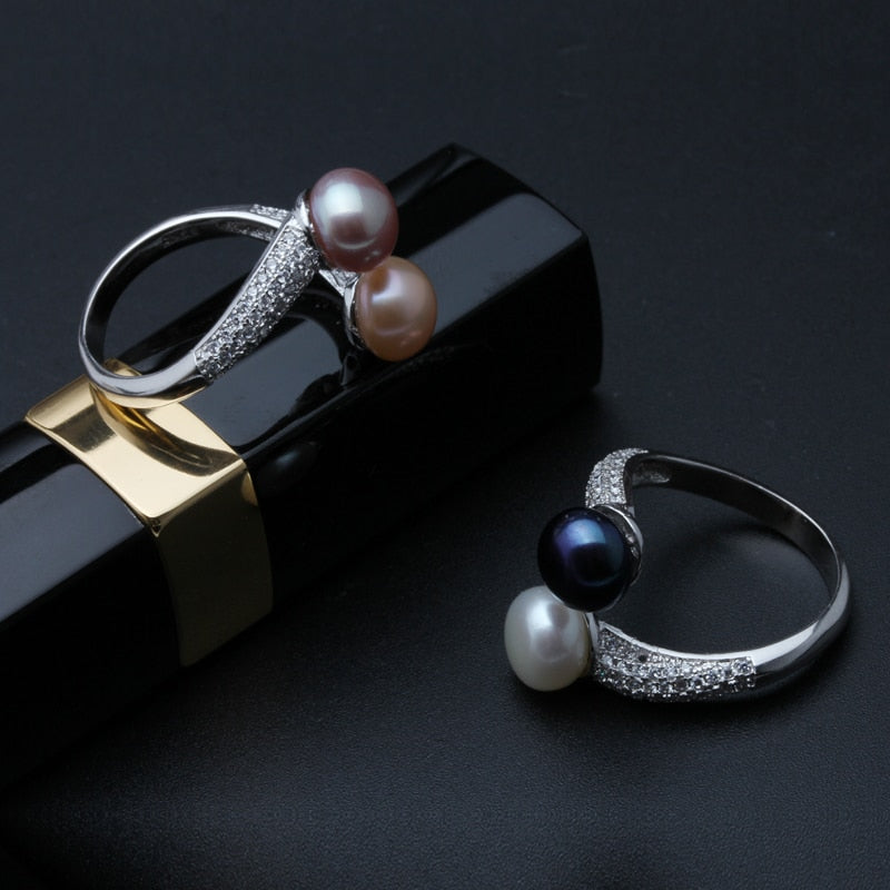 Real 925 Sterling Silver Double Pearl Rings Women,daughter gift bridal black pearl