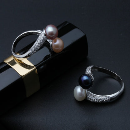 Real 925 Sterling Silver Double Pearl Rings Women,daughter gift bridal black pearl