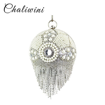 Tassel Fashion Women Pearl Beaded Crystal Party Evening Bag Bridal Wedding