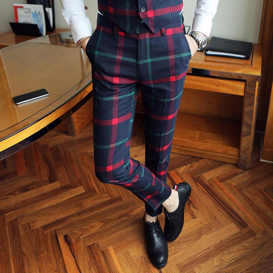 Fashion Men Trousers Red Mens Plaid Suit Trousers Men Dress Pants Slim Fit