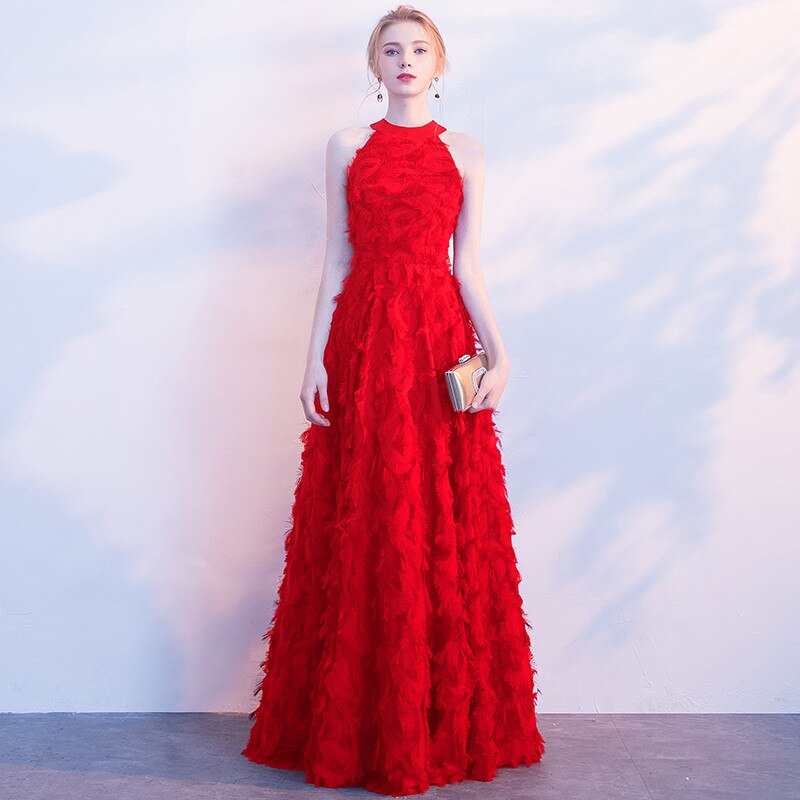 Evening wear Dresses: Burgundy Elegant Long Evening Dress Lace Feather