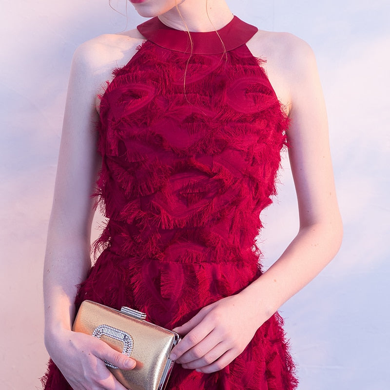 Evening wear Dresses: Burgundy Elegant Long Evening Dress Lace Feather