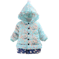 Floral Hooded Girls Down Jacket Fleece Children Outerwear Long Winter Girl