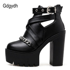 Fashion Chain Women Shoes Zipper Square High Heel Ankle