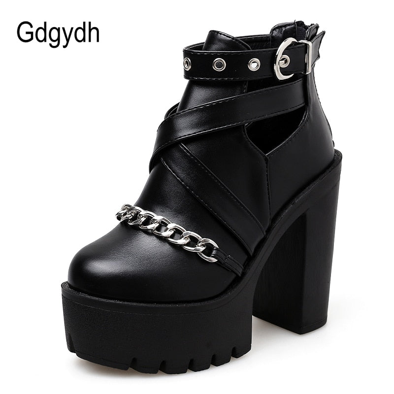 Fashion Chain Women Shoes Zipper Square High Heel Ankle