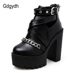 Fashion Chain Women Shoes Zipper Square High Heel Ankle