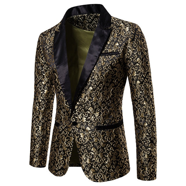 Black Jacquard Bronzing Floral Blazer Men Luxury Brand Single Button Suit