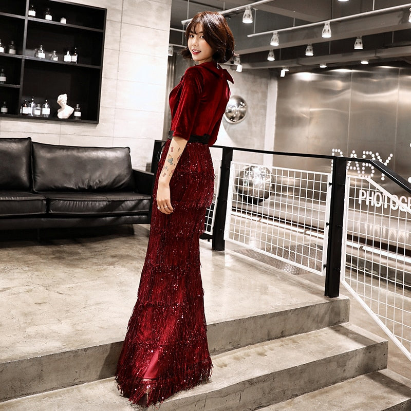 Evening wear Dresses: Velvet Evening Dresses Long Mermaid V-Neck Formal Dress
