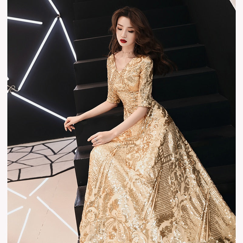 Evening wear Dresses: Red Evening Dresses Long Elegant V-neck A-line