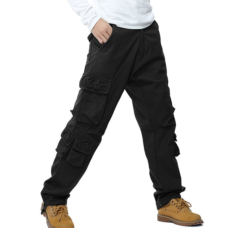 Winter Fleece Men Cargo Pants Loose Fit Multi-pocket Male