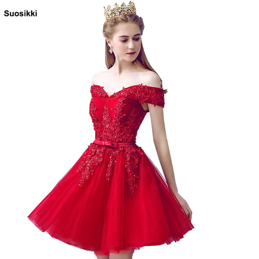 Red Lace Elegant Knee Length Prom Dresses Women