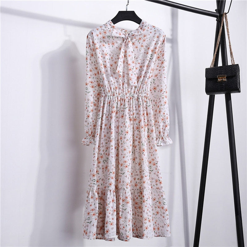 Floral Print Women Dress Female Autumn Long Sleeve Vintage Chiffon Bow Tie