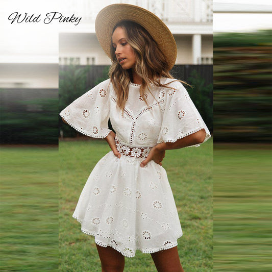 Flare sleeve cotton white lace dress Women casual ladies dress Summer