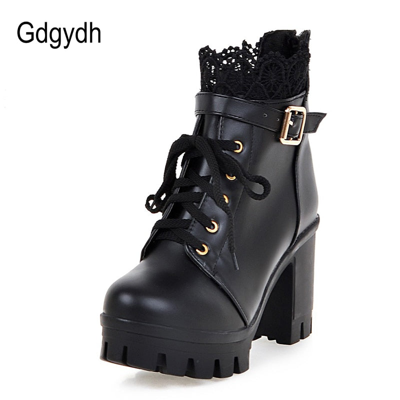 Lace Ankle Boots Thick High Heels Women Boots Lacing