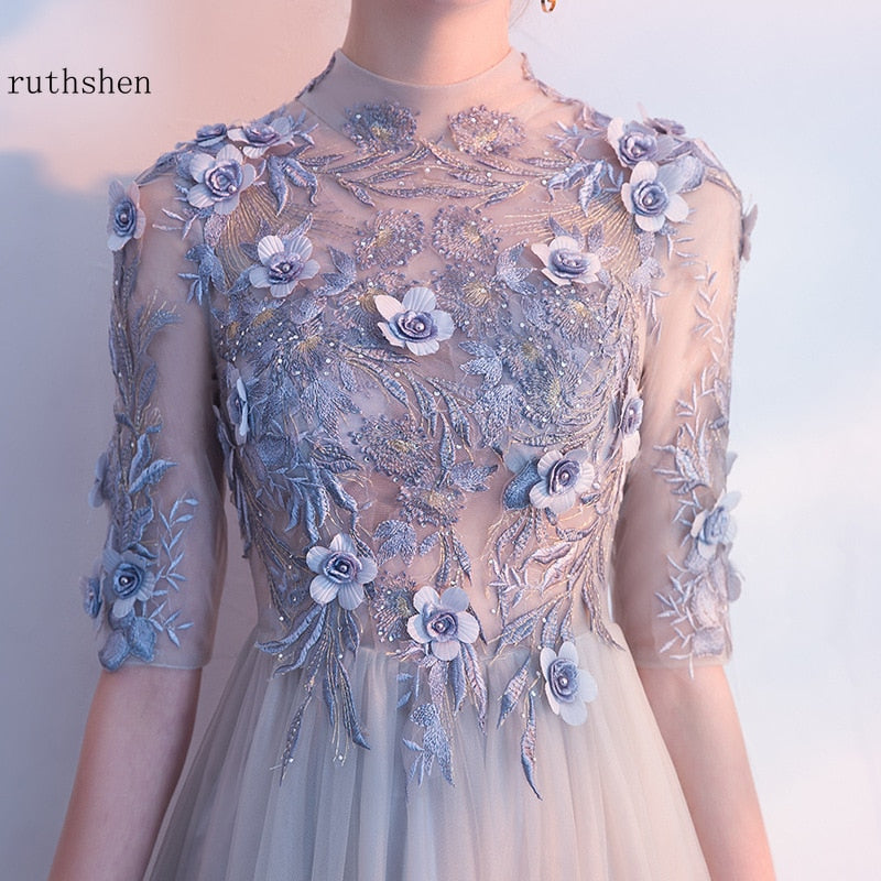 Homecoming Dresses: Prom Dresses Long Half Sleeves Gray Tulle A-Line Floor-Length