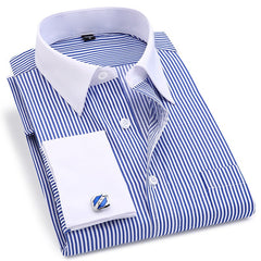 High Quality Striped For Men French Cufflinks Casual Dress Shirts