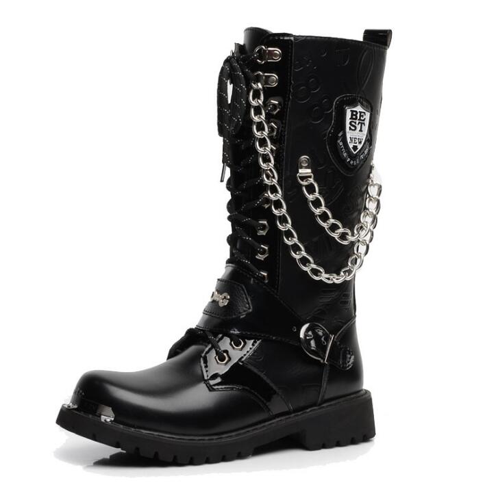 Men's Leather Motorcycle Boots Mid-calf Military Combat Boots Gothic