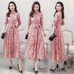 chiffon stitching lace Dress lady elegant temperament long dress shirt collar