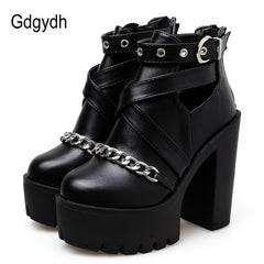 Fashion Chain Women Shoes Zipper Square High Heel Ankle