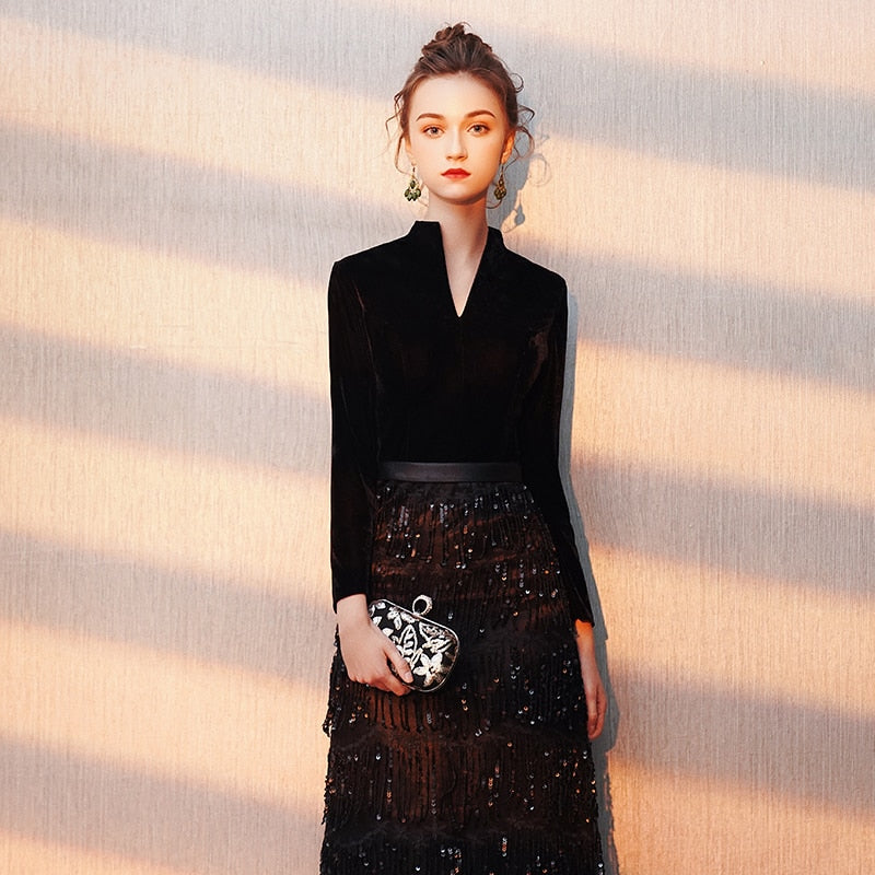 Evening wear Dresses: Evening Dress Banquet Black Velour with Stripe