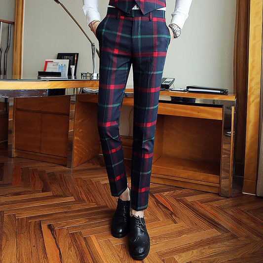 Fashion Men Trousers Red Mens Plaid Suit Trousers Men Dress Pants Slim Fit