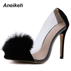 Clear PVC Transparent Pumps Slip-On Thin Heel High Heels Pointy Toes Womens Party Shoes Nightclub Pumps Black Size 35-40