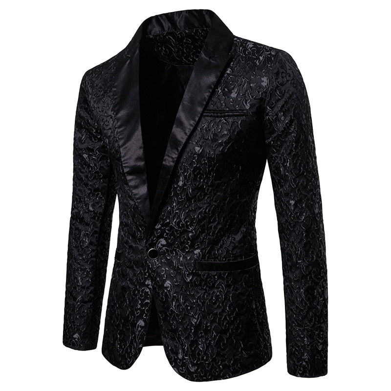 Black Jacquard Bronzing Floral Blazer Men Luxury Brand Single Button Suit